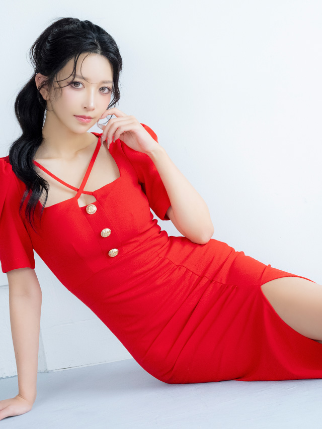 膝丈ドレス 長袖 コードデザイン スリット ワンカラー タイト ブルー キャバドレスのイメージ画像2