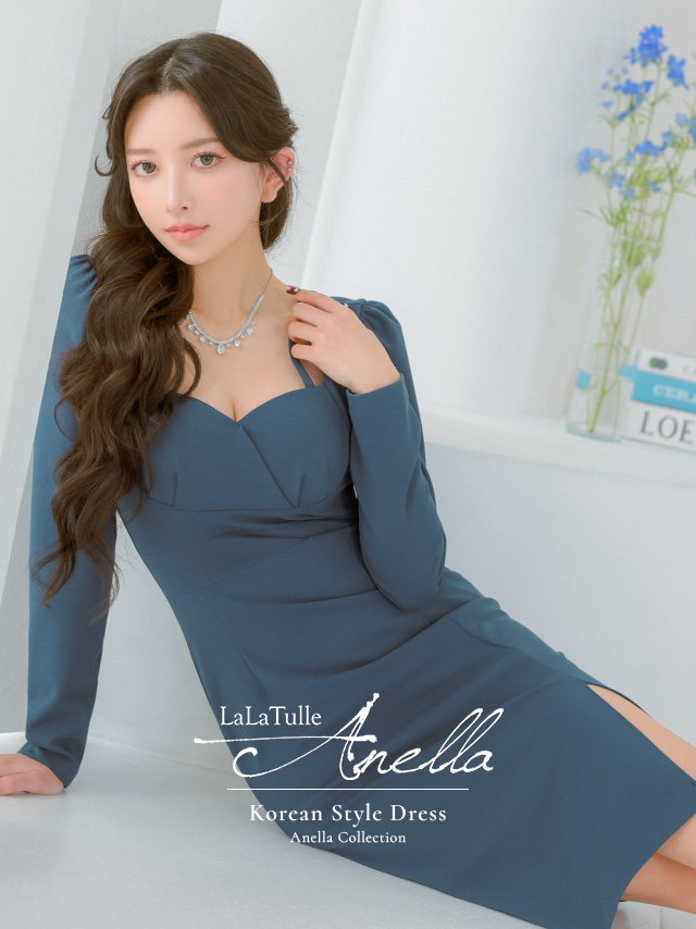 膝丈ドレス 長袖 コードデザイン スリット ワンカラー タイト ブルー キャバドレスイメージ画像1