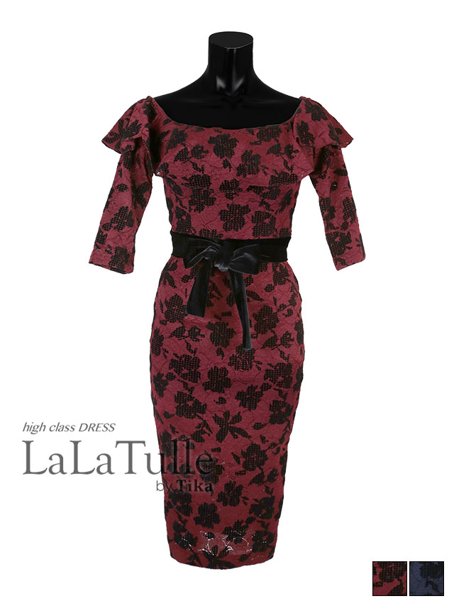 タイト膝丈ドレス 袖あり フラワープリント ウエストリボン 大人