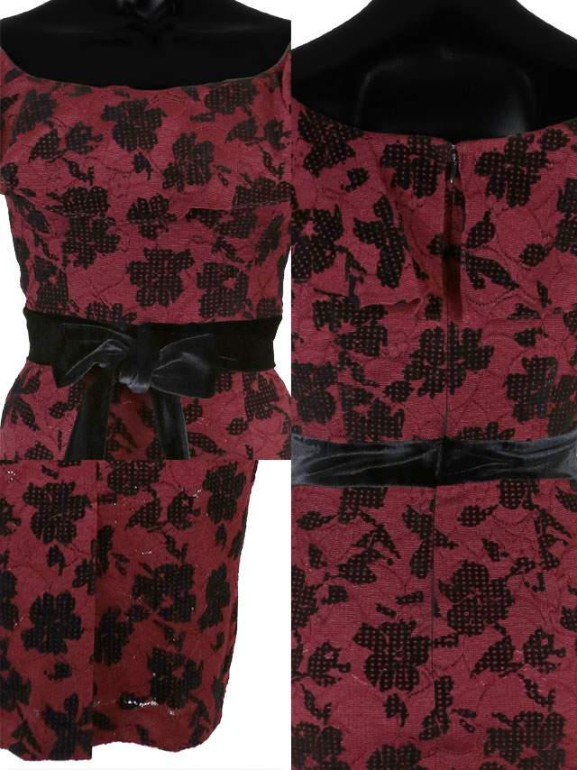 タイト膝丈ドレス 袖あり フラワープリント ウエストリボン 大人