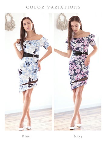 ディア バイ ローブドフルール [DEA] 1279a フリル オフショルダー  フラワープリント五分袖 ドレス( ネイビー)