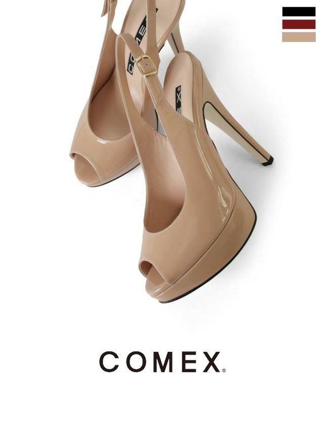 COMEX[コメックス]スムース プラットホーム バックベルト ハイヒール オープントゥ バンプス[ブラック][21.5cm/24.5cmあり][14cmヒール][5412ebk]