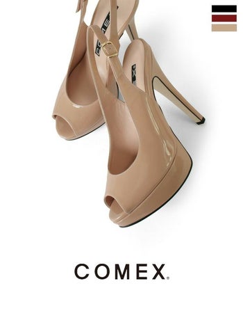 COMEX[コメックス]スムース プラットホーム バックベルト ハイヒール オープントゥ バンプス[ブラック][21.5cm/24.5cmあり][14cmヒール][5412ebk]