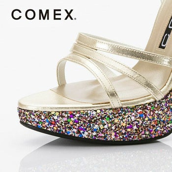 COMEX[コメックス]グリッター ラメ アンクルストラップ ハイヒール サンダル[ホワイト×ゴールド][21.5cm/24.5cmあり][13cmヒール][5533wg]
