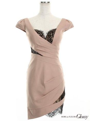 ROBEdeFLEURS Glossy[ローブドフルール グロッシー]レース切替 ストレッチ半袖 ベージュ ドレス [1354be]