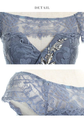 ROBEdeFLEURS Glossy[ローブドフルール グロッシー]レース オフショルダーダスティー ブルー ミニドレス[1420dbl]