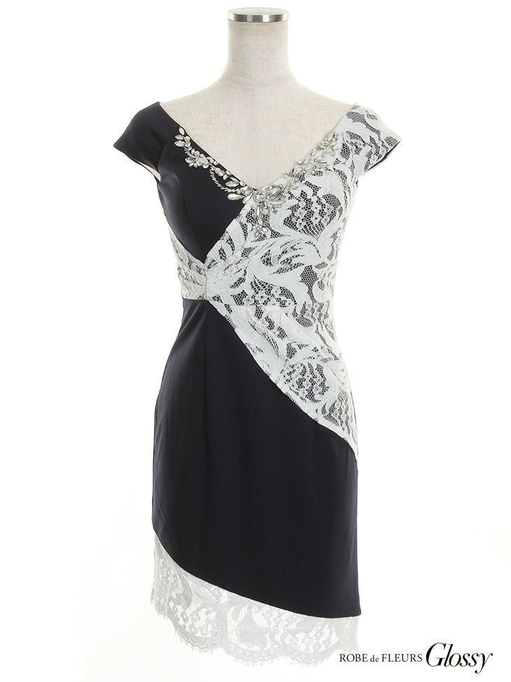 ローブドフルール グロッシー [Glossy] アシンメトリー レースドッキング ネイビー× ホワイト ミニドレス[1426nvwh]