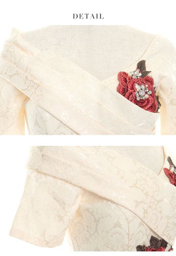 ROBEdeFLEURS Glossy[ローブドフルール グロッシー]ジャガード× 刺繍レース 五分袖 ホワイト ミニドレス [1359wh]