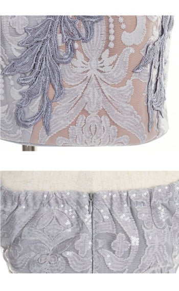 ROBEdeFLEURS Glossy[ローブドフルール グロッシー]スパンコール レース切替 オフショル ミニドレス[1400]