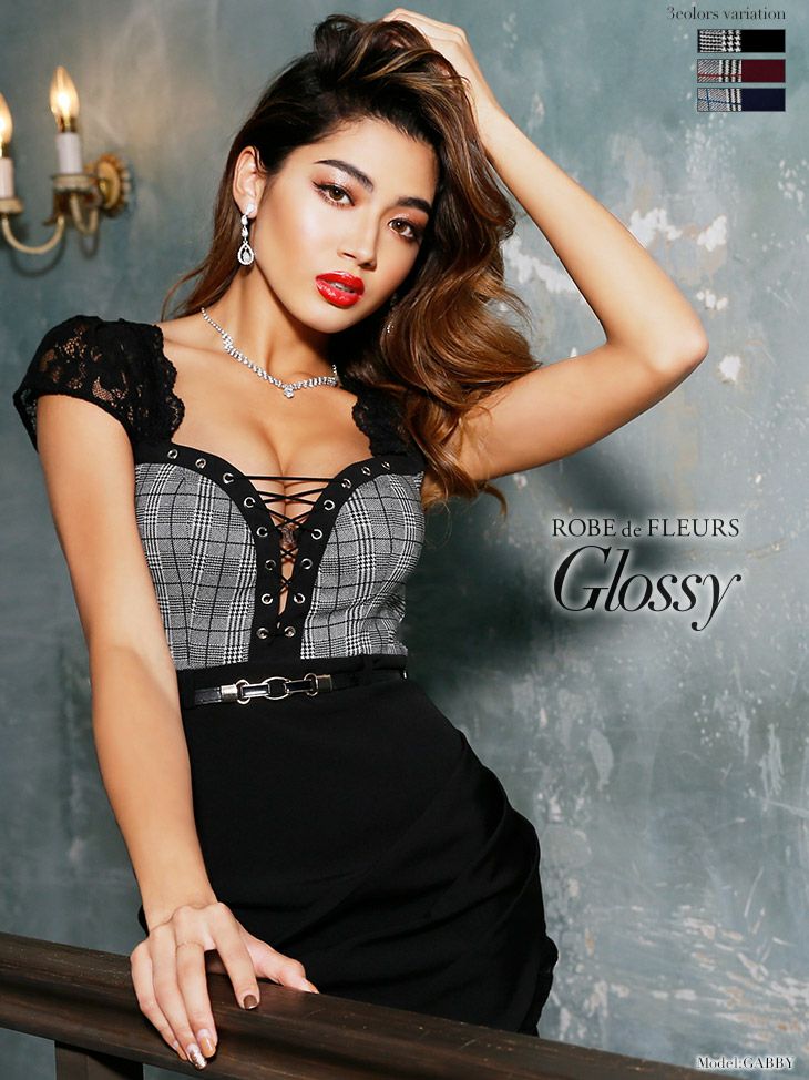 ROBEdeFLEURS Glossy[ローブドフルール グロッシー]フグレンチェック×バスト クロスデザイン ミニドレス[1643]