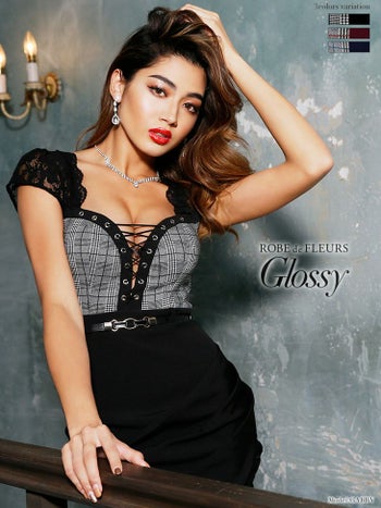 ROBEdeFLEURS Glossy[ローブドフルール グロッシー]フグレンチェック×バスト クロスデザイン ミニドレス[1643]