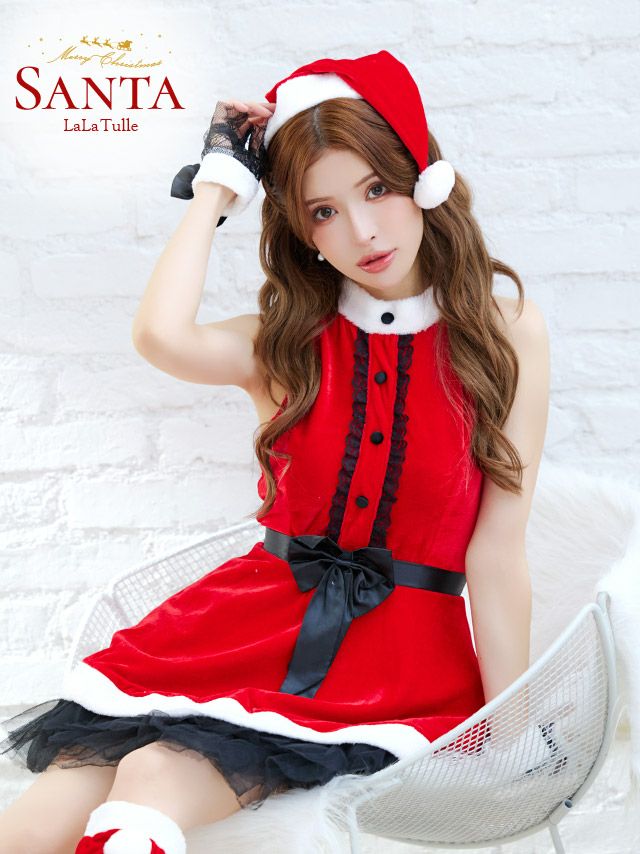 サンタコスプレ】4点セット ブラックレース ホルターネック リボン
