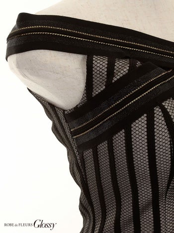 ROBEdeFLEURS Glossy[ローブドフルール グロッシー]ストライプ× オフショル セットアップ ミニドレス[真優川咲][1805]