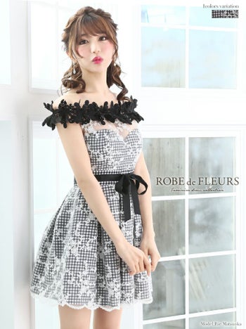 ROBEdeFLEURS ローブドフルール フラワー刺繍 チュール×ギンガムチェック フレア ミニドレス[1749]