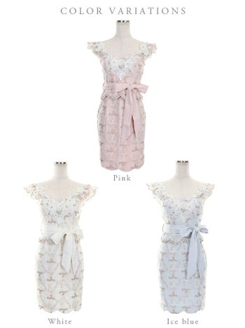 ROBEdeFLEURS ローブドフルール ゴールド 刺繍レース× フラワーレース タイト ミニドレス［ウエストリボン付き］[1844]