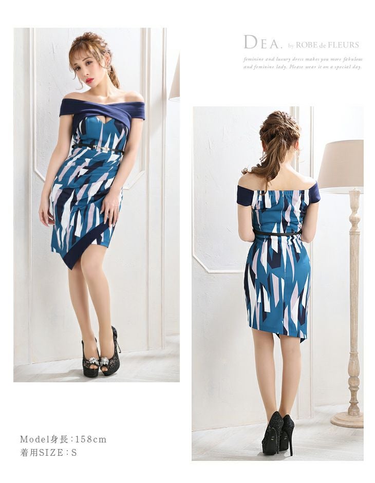 ディア バイ ローブドフルール [DEA] 1853 幾何学プリント  オフショル  ミニドレス