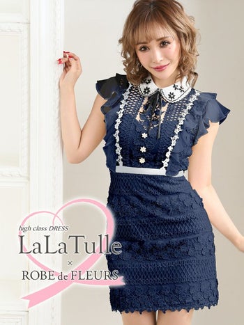 ROBEdeFLEURS ローブドフルール ビジュー襟リボン×立体 刺繍レース タイト ミニドレス[1803nv]