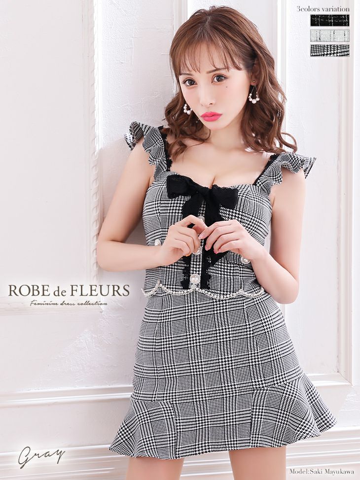 美品 DEA ローブドフルール キャバ ミニ ドレス ツイード チェック ROBEdeFLEURS/ローブドフルール】チェック ツイード×スカートパンツ袖