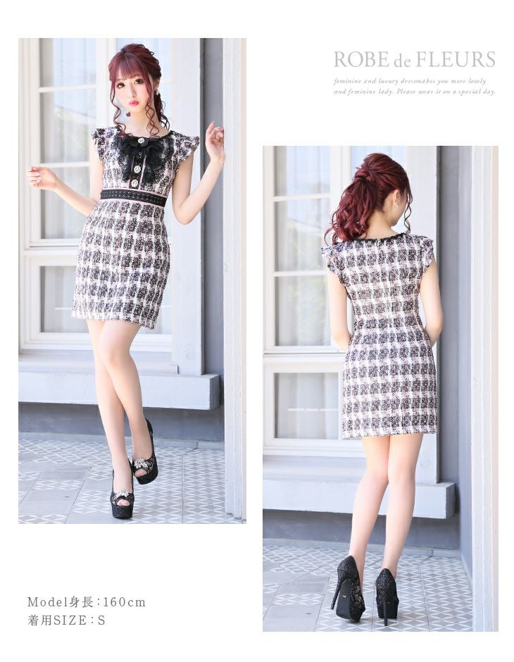 ROBEdeFLEURS ローブドフルール チェック ツイード×クラシカル タイト ミニドレス[1858]