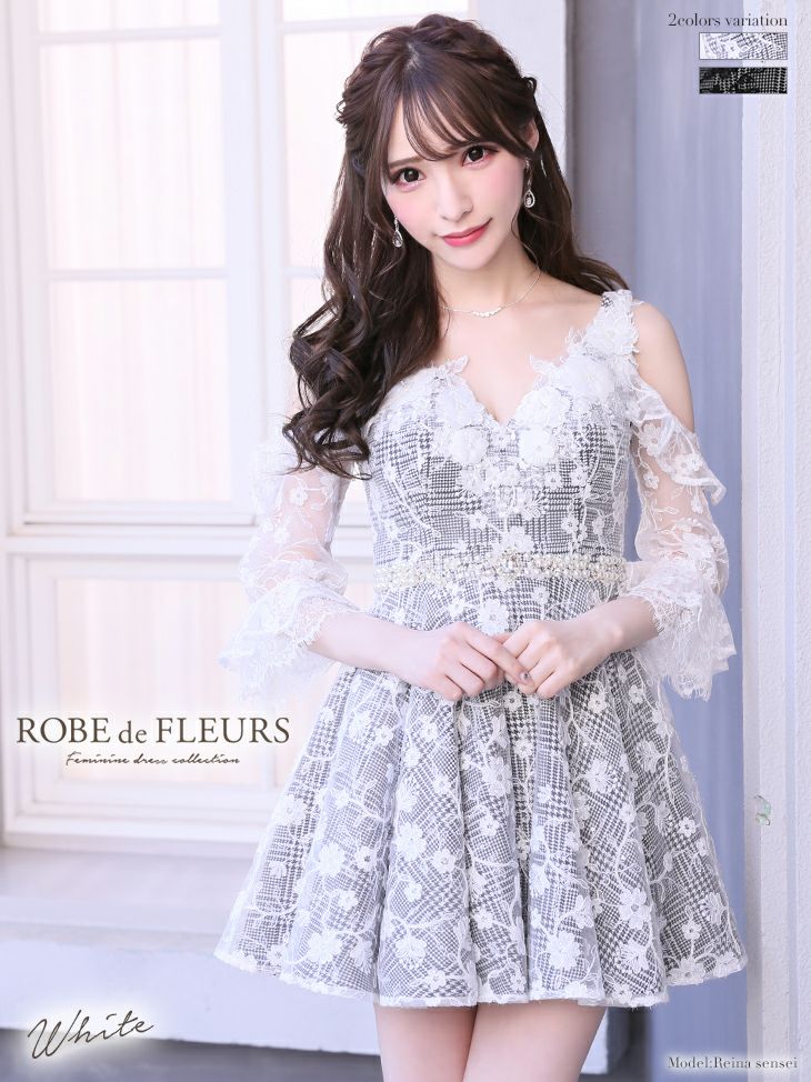 ROBE de FLEURS/ローブドフルール千鳥柄ミニキャバドレス新品M ROBEdeFLEURS/ローブドフルール】千鳥格子×フラワーモチーフ袖あり