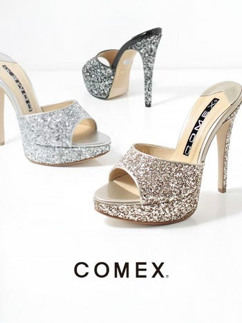 COMEX[コメックス]グリッター ラメ ハイヒール オープントゥ ミュール サンダル[ブラック][22cmあり][13cmヒール][5647bk]