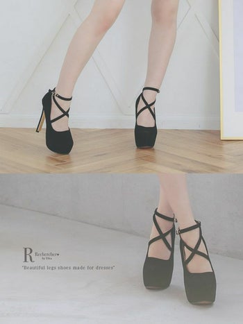 Rechercher[ルシェルシェ] クロスベルト ストラップ サンダル(ブラック)(22.5ｃｍ～25.0ｃｍ)(13.5cmヒール)