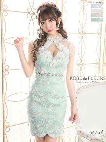 ROBEdeFLEURS ローブドフルール 立体 フラワーレース×ラグジュアリー タイト ミニドレス[1798]