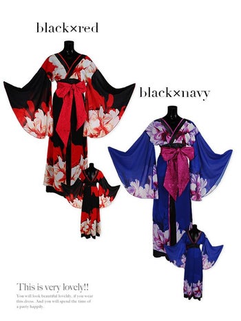 [LaLaTulle select] [プチプラ] オーガンジー 和柄デザイン ロングドレス [ブラック×レッド]