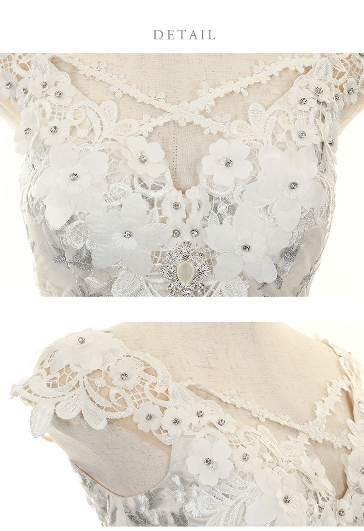 robe de fleurs 3Dフラワーモチーフラメ刺繍レースフレアミニドレス ROBEdeFLEURS/ローブドフルール】フラワー 刺繍レース×首元クロス 袖