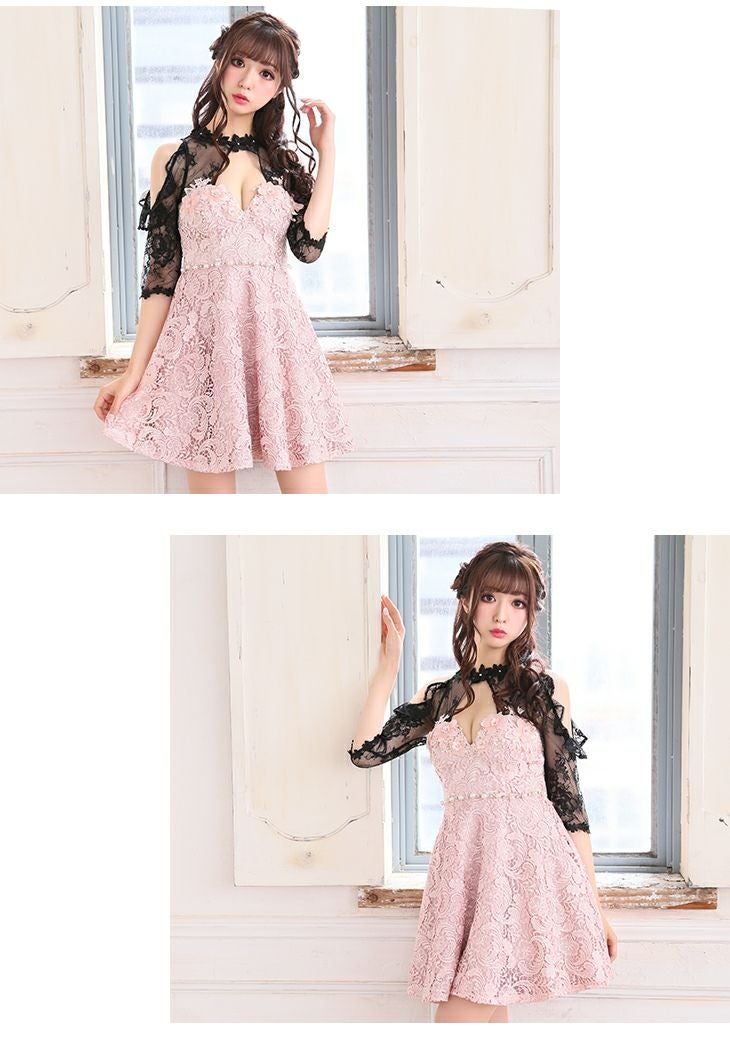 ROBEdeFLEURS/ローブドフルール】ケミカルレース ×袖あり フレアミニ
