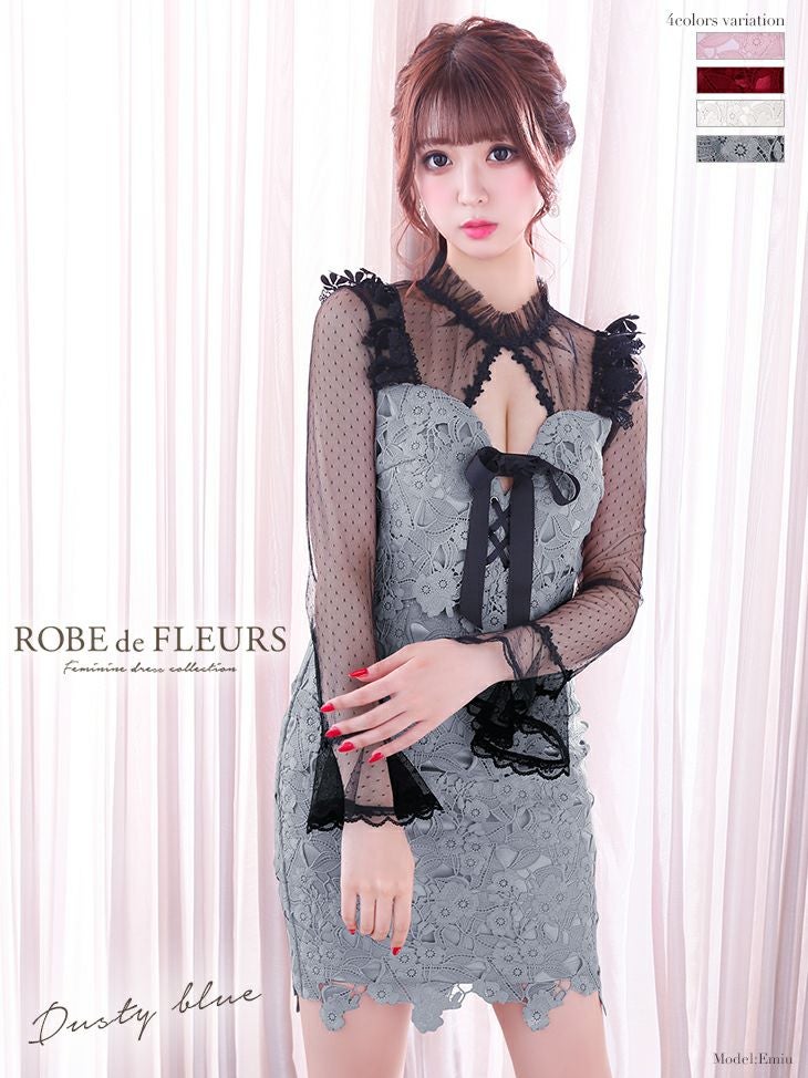 ROBEdeFLEURS ローブドフルール バストレースアップ×ドット ロングスリーブ タイト ミニドレス [1984]