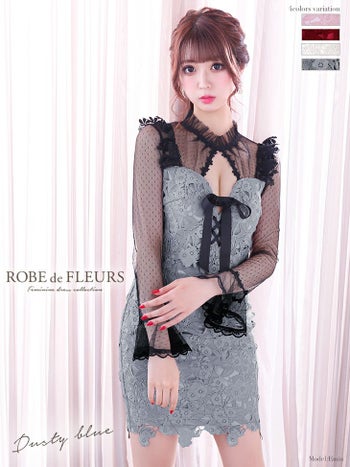 ROBEdeFLEURS ローブドフルール バストレースアップ×ドット ロングスリーブ タイト ミニドレス [1984]