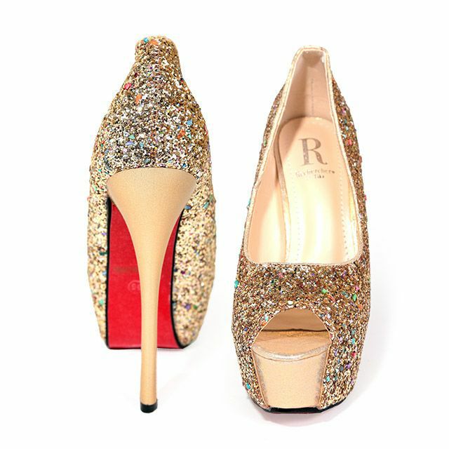 【Rechercher/ルシェルシェ】ゴールドスパンコール オープントゥ キラキラ ハイヒール パンプス(ゴールド)