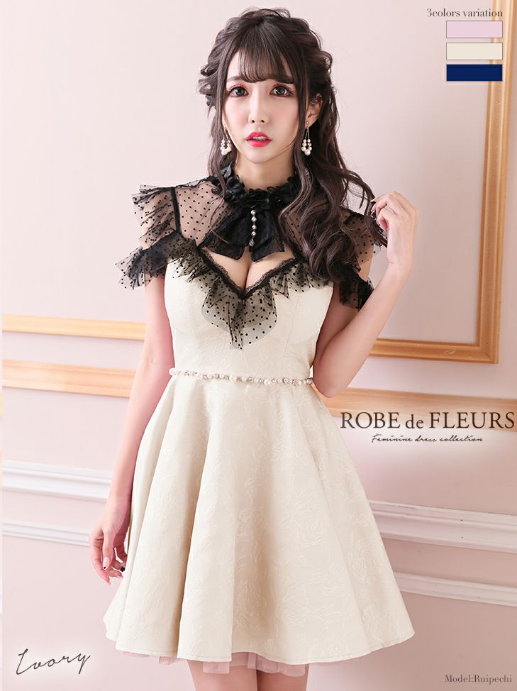 ROBEdeFLEURS ローブドフルール ドット チュール×ローズジャガード フレア ミニドレス[1938]
