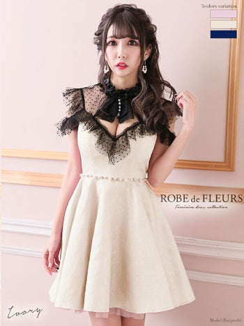 ROBEdeFLEURS ローブドフルール ドット チュール×ローズジャガード フレア ミニドレス[1938]