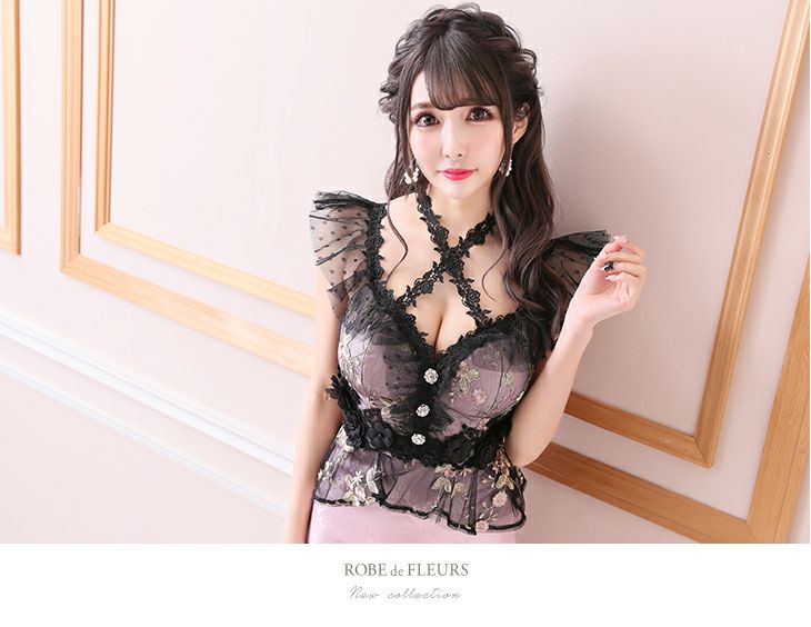 ROBEdeFLEURS ローブドフルール フラワー 刺繍レース×ジャガードドレス[1983]