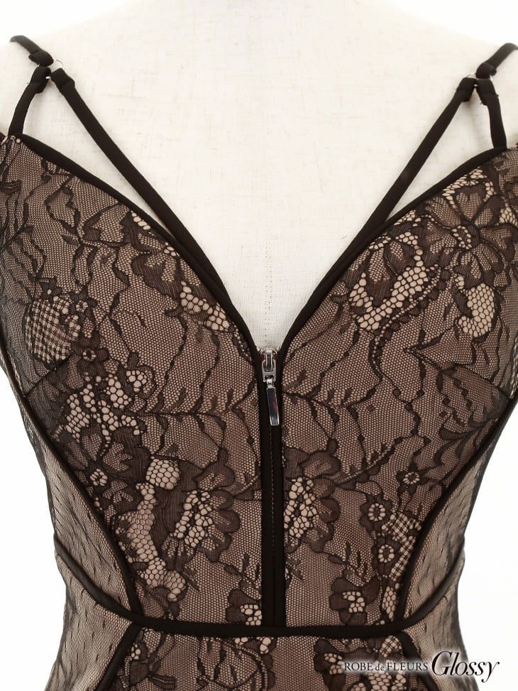 ROBEdeFLEURS Glossy[ローブドフルール グロッシー]ドットチュール× レース切替 オフショル ベージュ ミニドレス[真優川咲][1593be]