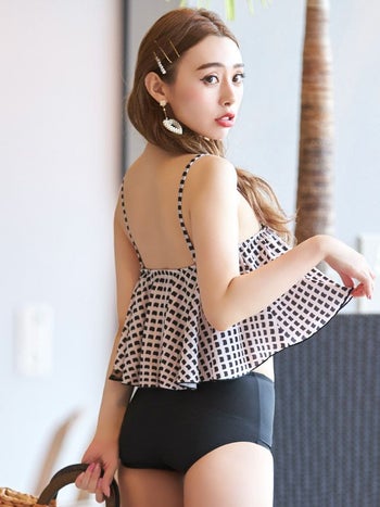 [水着]モノトーン ブロック柄 フレアトップ ハイウエスト ビキニ(Lあり)