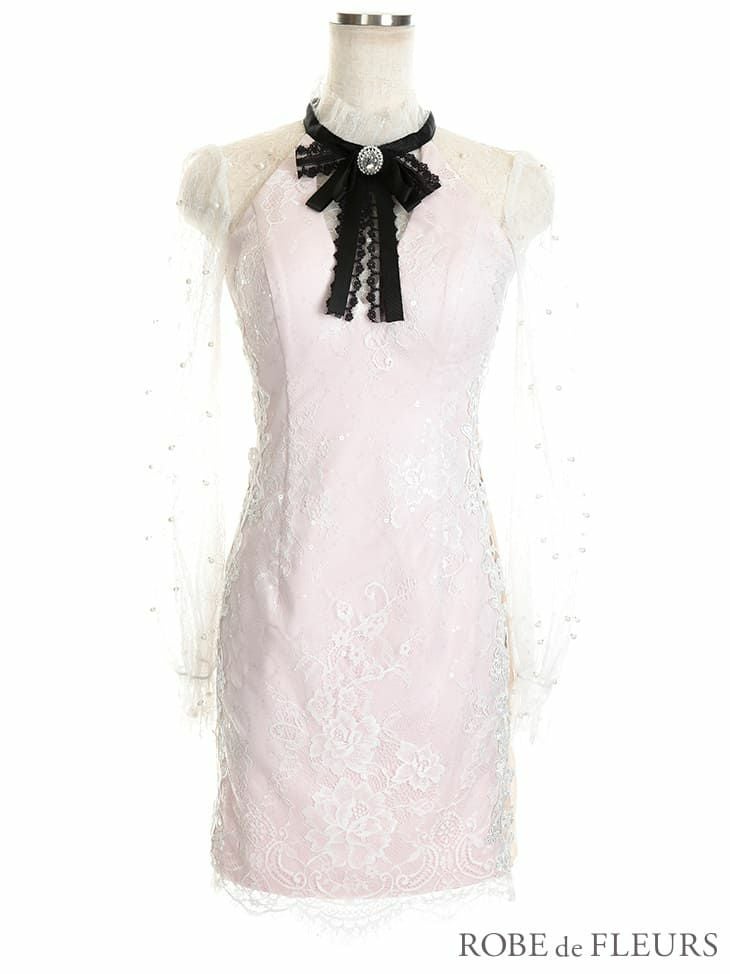 ROBEdeFLEURS ローブドフルール サイド チュール切替× ロングスリーブ タイト ミニドレス[2105]