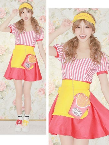 [コスプレ] レトロイエローペア体型カバーフレアスカートアメリカンウェイトレス [4点セット] (ワンピース/エプロン/帽子/バッグ)