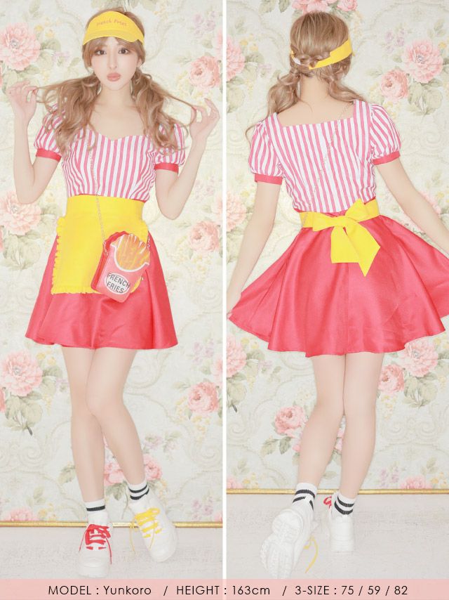 [コスプレ] レトロイエローペア体型カバーフレアスカートアメリカンウェイトレス [4点セット] (ワンピース/エプロン/帽子/バッグ)