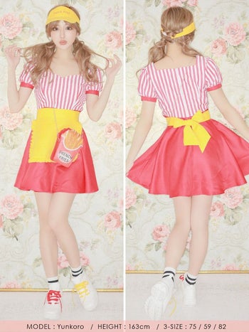 [コスプレ] レトロイエローペア体型カバーフレアスカートアメリカンウェイトレス [4点セット] (ワンピース/エプロン/帽子/バッグ)