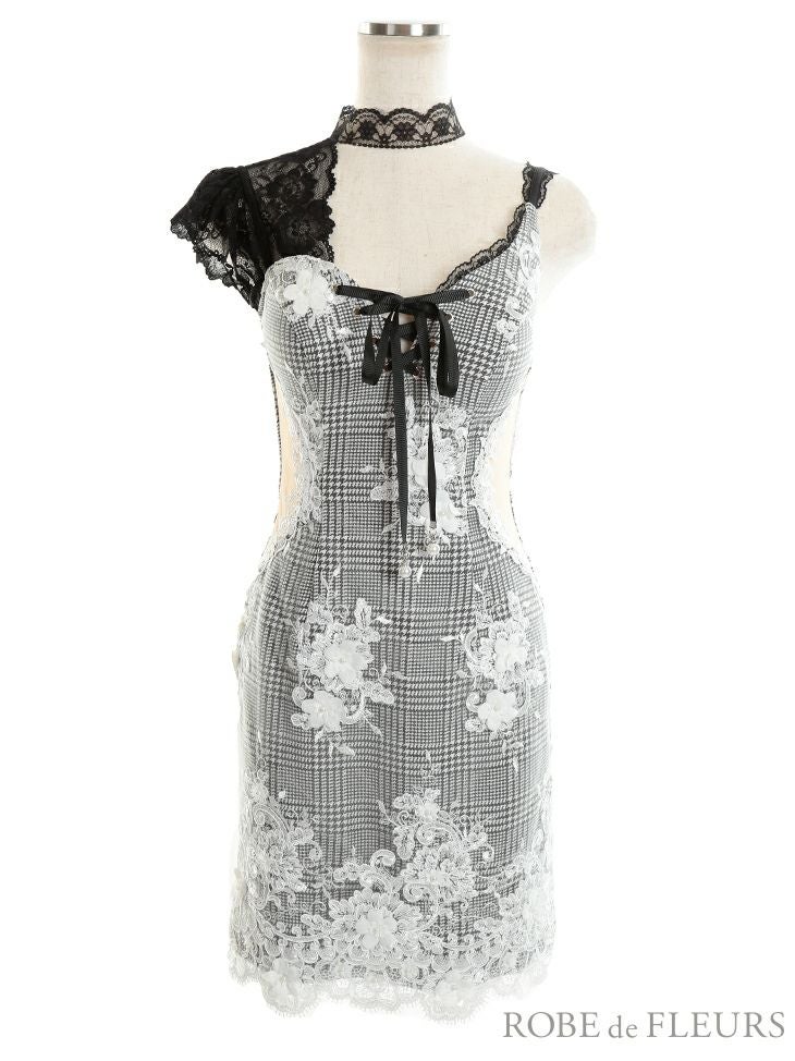 ROBEdeFLEURS ローブドフルール  サイド チュール切替×ギンガムチェック タイト ミニドレス[2176]