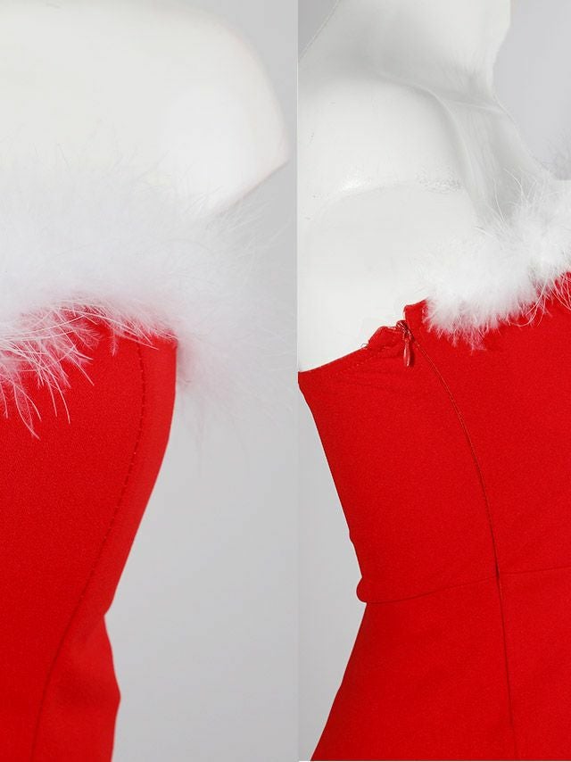 [サンタコスプレ SET]アームカバー付き フェザーシンプル ベアトップ フレア サンタコス[久保七瀬]