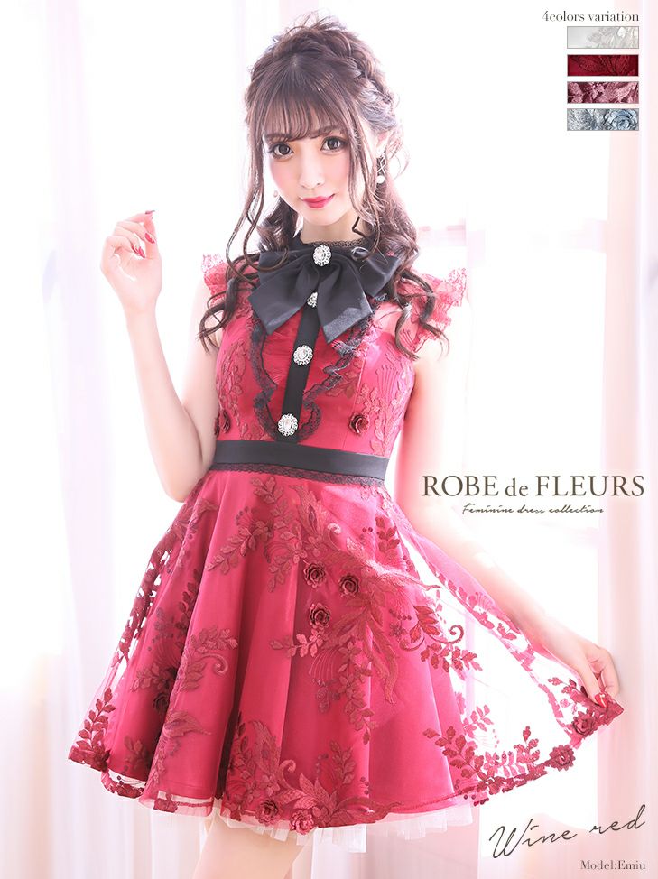 最終値下げ ROBE de FLEURS 赤 レース ドレス ローブドフルール ROBEdeFLEURS/ローブドフルール】リボンネック×ラグジュアリー