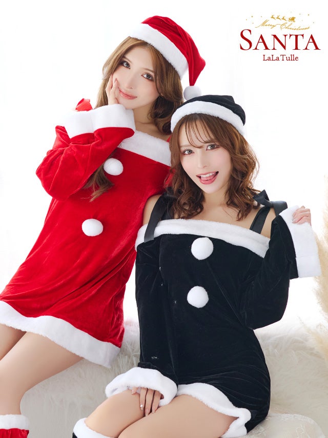 [サンタコスプレ SET]肩だしリボン 長袖オフショルダー ワンピース サンタコス[綾野あすか/エレナ]