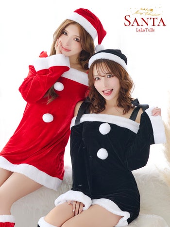 [サンタコスプレ SET]肩だしリボン 長袖オフショルダー ワンピース サンタコス[綾野あすか/エレナ]