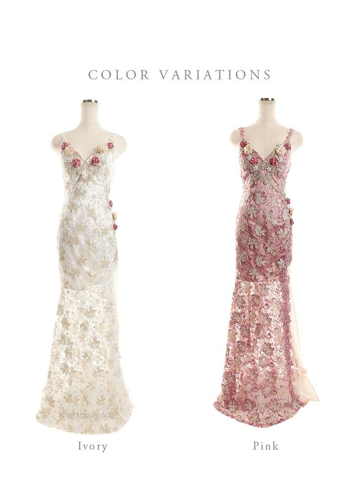 ROBEdeFLEURS ローブドフルール 立体 フラワーモチーフサイドメッシュレース タイトロングドレス[2158]