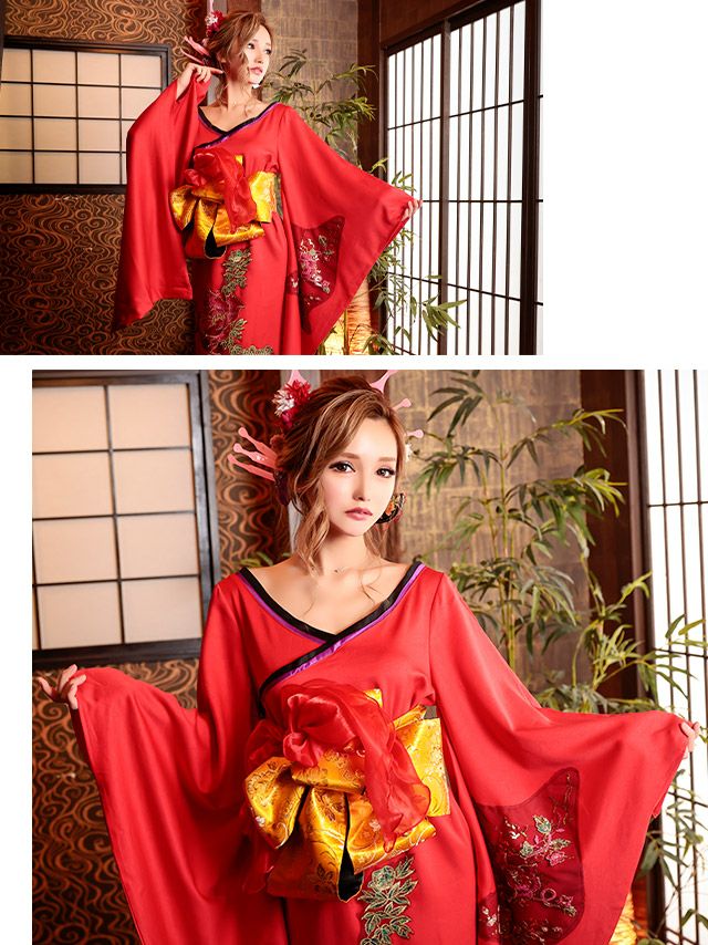 [ハロウィン コスプレ通販]和風フラワー刺繍おいらんハロウィンコスプレ風ロングドレス衣装(レッド)(Mサイズ)