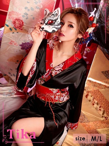 [ハロウィン コスプレ通販]和風フラワー刺繍帯×おいらんハロウィンコスプレ風ロングドレス衣装(ブラック×レッド)(M/L)